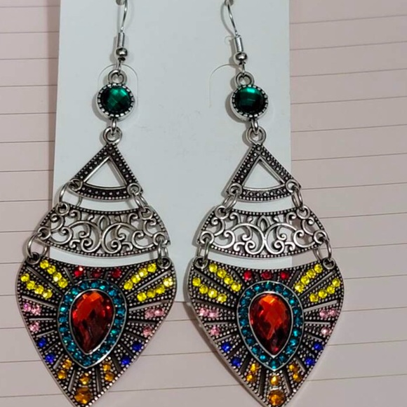 Boho Tibetan Teardrop Colorful Pendant Dangle Large Crystal Statement Earrings - Picture 5 of 7